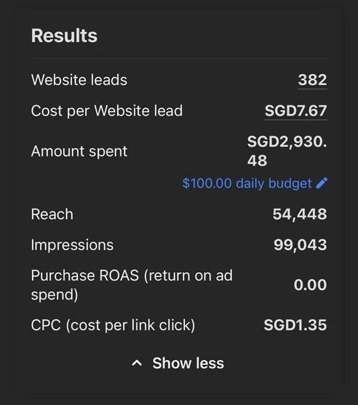 Ads Manager results: 382 website leads at SGD 7.67 each